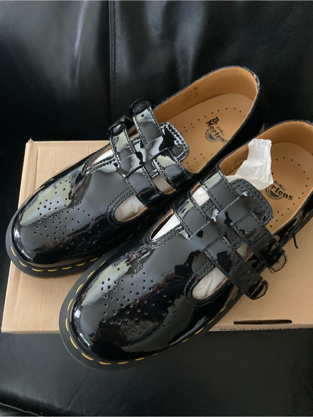 Dr. Martens ladies Black Patent Mary Jane with Yellow Stitching BNIB